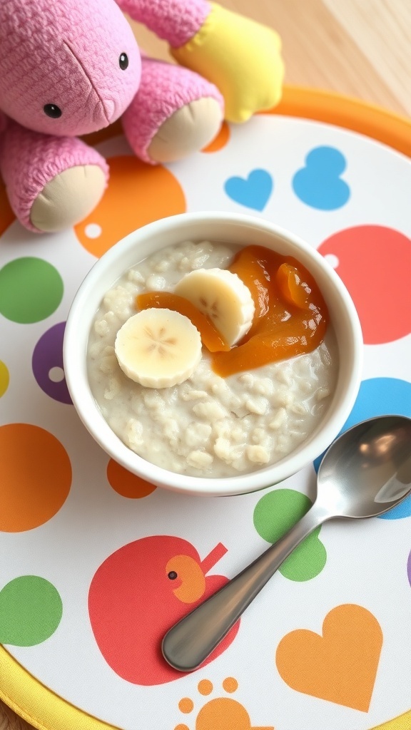Nutritious Baby Breakfast for 8-Month-Olds A bowl of oatmeal with banana and applesauce, ready for a baby to enjoy.